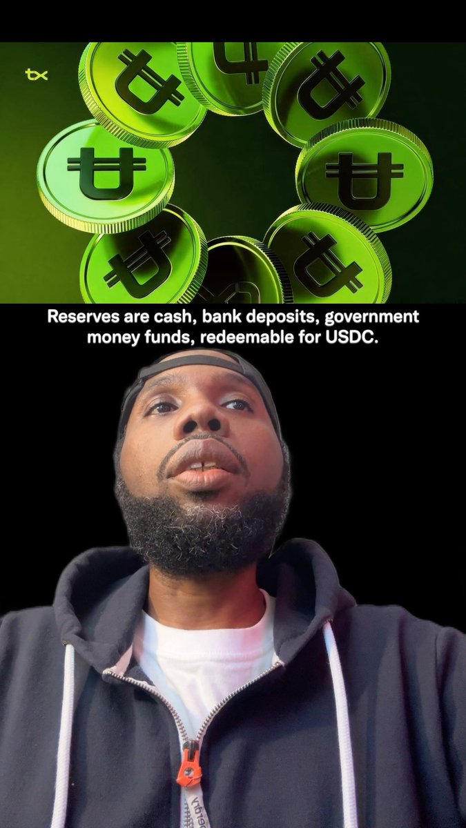 A composite image showing green Tether (USDT) coins arranged in a circle at the top with text reading "Reserves are cash, bank deposits, government money funds, redeemable for USDC," above a man in a black hoodie looking upward.