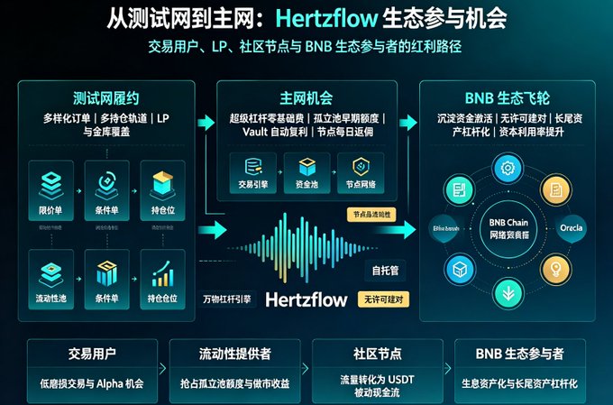 Infographic in Chinese titled '从测试网到主网：Hertzflow 生态参与机会' showing the ecosystem path for trading users, LPs, community nodes and BNB participants, with sections for testnet opportunities, mainnet opportunities, and the BNB ecosystem flywheel.