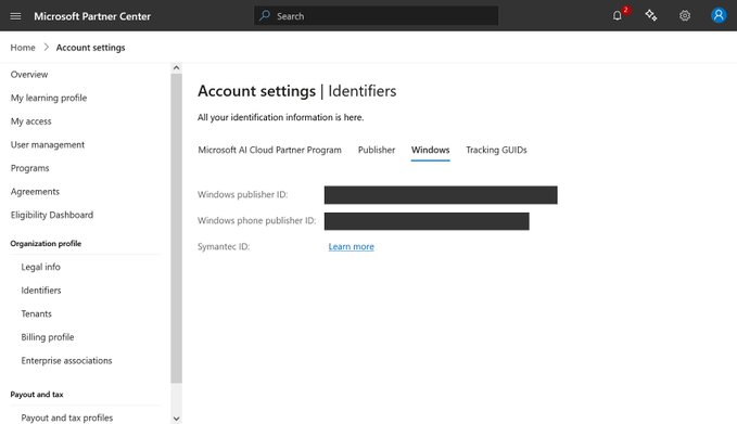 A screenshot from the Microsoft Partner Center showing the "Account settings | Identifiers" page with Windows publisher ID fields (redacted) and a navigation menu on the left.