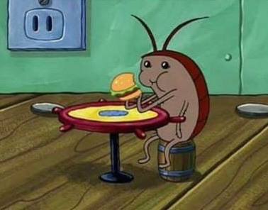 An animated cartoon scene shows a brown cockroach sitting at a small red table eating a Krabby Patty burger from SpongeBob SquarePants.