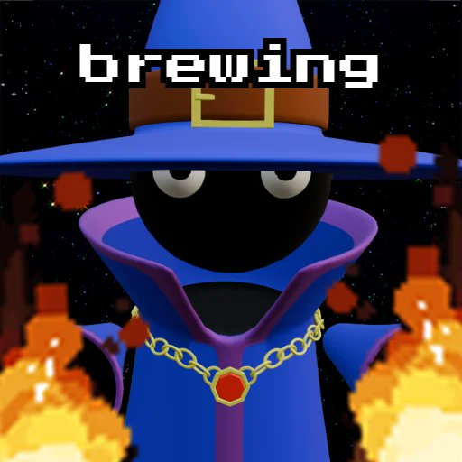 A 3D-rendered character wearing a blue wizard hat and robe with a gold chain, standing before flames with the pixelated word 'brewing' displayed above.
