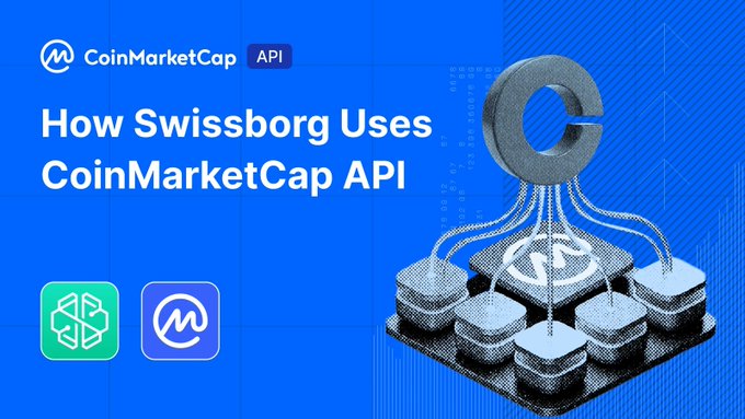 A blue promotional graphic for a CoinMarketCap case study featuring the headline "How SwissBorg Uses CoinMarketCap API," with logos for SwissBorg and CoinMarketCap, alongside a 3D illustration of a large letter "C" connected by cables to a network of smaller server nodes.