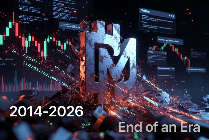 A 3D, shattered BitMEX logo (BMX) lies amid rubble, with candlestick charts and code floating in the background. The text "2014-2026" and "End of an Era" appears in bold white letters, visually commemorating the exchange's 12-year run as it prepares to shut down.