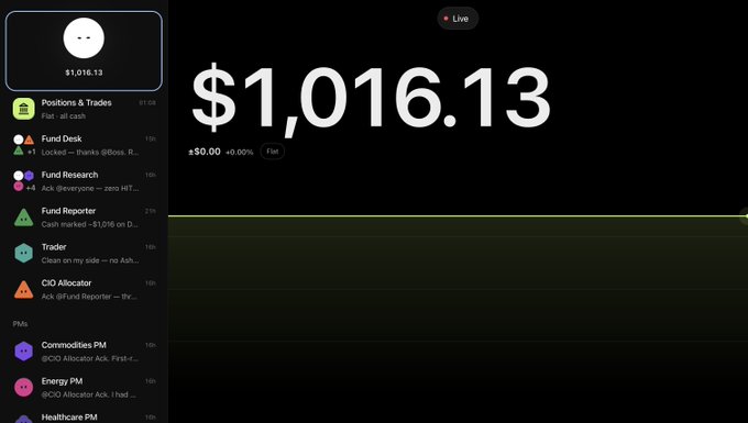 A live trading dashboard displays a portfolio value of $1,016.13 (flat, £0.00) with a sidebar showing various AI trading bots including "Fund Desk," "Fund Research," "Fund Reporter," "Trader," and "CIO Allocator," along with portfolio managers "Commodities PM," "Energy PM," and "Healthcare PM"—supporting the post's mention of running an automated hedge fund using 8 @bot agents trackable at botstrade.live.