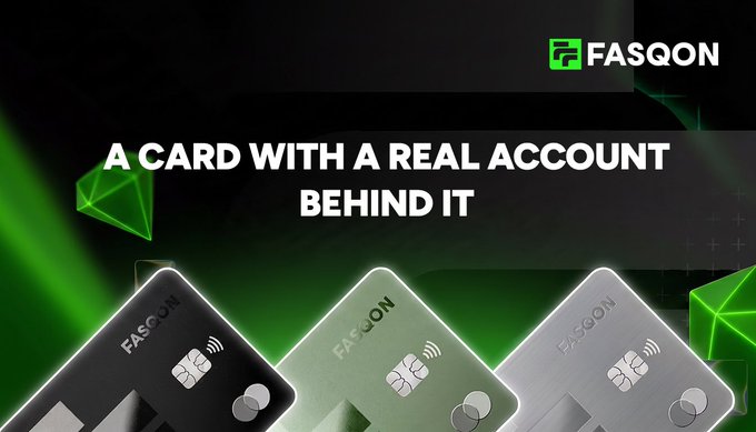 FASQON promotional graphic with the text "A CARD WITH A REAL ACCOUNT BEHIND IT" displayed over three metallic credit cards with contactless chips against a dark background with green geometric accents.