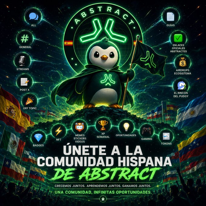 The image features an advertisement for Abstract Chain, which has been translated into Spanish. The poster includes a cartoon penguin holding a flag with the words "Una comunidad de abstractos" written below it. The poster also displays various elements of Abstract Chain's offerings and their benefits to users.