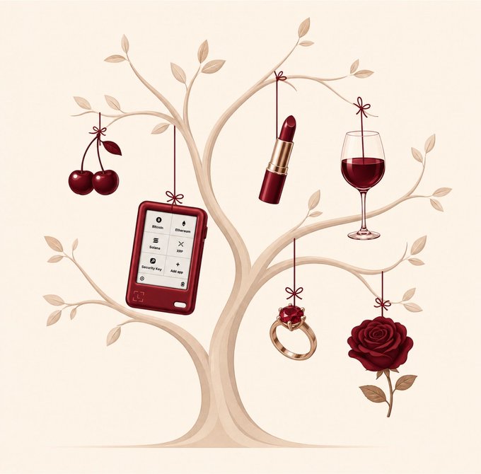 A stylized illustration of a beige tree with red items hanging from its branches by ribbons, including cherries, a security keypad, lipstick, a wine glass, a gemstone ring, and a rose.