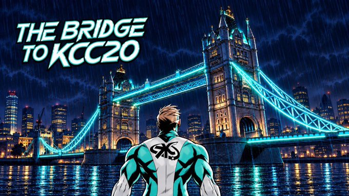 The image shows a superhero-like figure viewed from behind, wearing a teal and white suit with a black "K" emblem, gazing at the illuminated Tower Bridge in London under a dramatic night sky. Bold text reads "THE BRIDGE TO KCC20," visually representing KaspaCom's upcoming token bridging solution to the Kaspa L1 ecosystem.