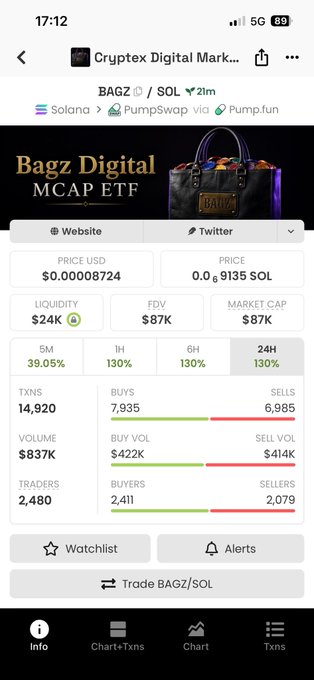A Cryptex Digital Market screenshot showing BAGZ/SOL trading data, including a price of $0.00008724, market cap of $87K, and 24H change of 130%, with options for Watchlist, Alerts, and Trade.
