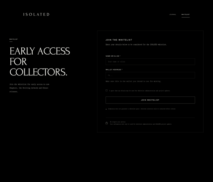 A dark-themed website landing page titled 'ISOLATED' with a section promoting 'EARLY ACCESS FOR COLLECTORS' alongside a form to 'JOIN THE WHITELIST'.