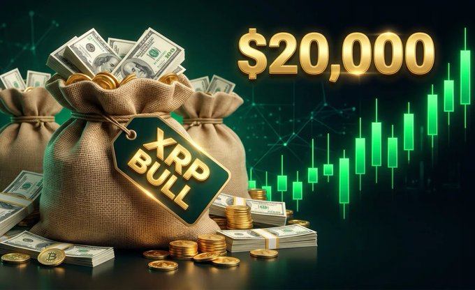 Burlap money sacks overflowing with cash and gold coins sit beside a green candlestick chart trending upward, with a tag labeled "XRP BULL" and large golden text displaying "$20,000," visually promoting an ambitious XRP price target in the post.