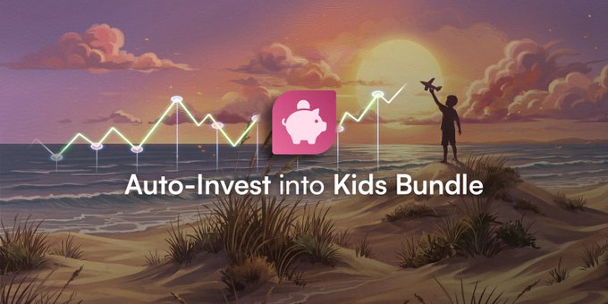 A promotional banner for Acorns Auto-Invest featuring a child on a beach with a stock chart overlay and the text "Auto-Invest into Kids Bundle".