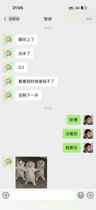 A chat in Chinese where one person says they went long and made 0.2 profit but can't take the money yet, and the other responds "卧槽" (WTF), "没看到" (didn't see), "我爱你" (I love you), with a meme image of three kittens.