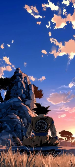Goku, the iconic Dragon Ball character, sits in meditation on a rocky outcrop against a stunning sunset sky, wearing his signature gi marked with the "悟" (Go) kanji symbol. The serene scene of Goku's peaceful training complements the post's playful request for a Good Morning (GM) greeting from the beloved anime hero.