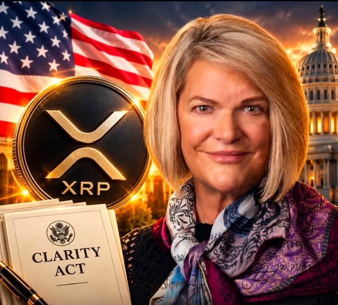 A political-style graphic featuring a blonde woman with an American flag, U.S. Capitol building, an XRP cryptocurrency coin, and a document labeled 'CLARITY ACT' in the background.