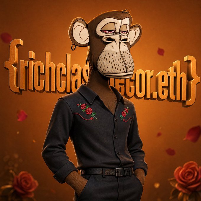 A digital artwork of an anthropomorphic monkey wearing a dark floral-embroidered shirt, set against an orange background with stylized text reading '{richclas{HEGOR.eth}' and scattered rose petals.