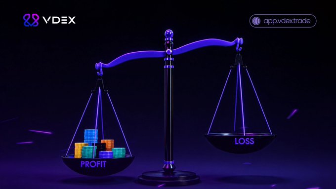 A VDEX promotional image shows a glowing purple balance scale with 'PROFIT' (stacked coins) outweighing 'LOSS' on the opposite side, with the link 'app.vdextrade' in the corner.