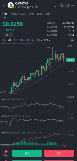The image shows a crypto trading app displaying the CASHCAT token (contract 0x02...18b4) priced at $0.0658 with a +348.97% gain, featuring candlestick charts, technical indicators (KDJ, RSI, MACD), and $6.58M market cap. This visualizes the post's lament about losing earnings to "Robinhood's cat" on the BSC chain, where the trader's paper gains from the CASHCAT token likely evaporated despite the seemingly impressive percentage gain shown.