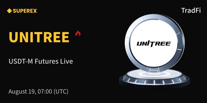 A promotional graphic for SuperEx announces the listing of $UNITREE USDT-M Futures, scheduled to go live on August 19 at 07:00 (UTC). The design features the SuperEx and TradFi logos alongside a futuristic 3D rendering of the UNITREE coin, visually reinforcing the robotics token's entry into futures trading.