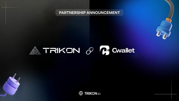 A 'Partnership Announcement' graphic for 'TRIKON' and 'Cwallet', featuring a dark background with 3D plug graphics.