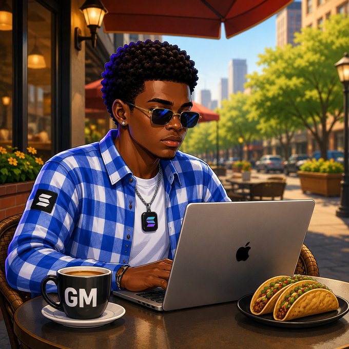 A stylish young man in sunglasses, a blue checkered shirt, and dog tags works on an Apple laptop at an outdoor café with a "GM" coffee mug, embodying the post's "GM CT" (good morning Crypto Twitter) message and the importance of prioritizing knowledge in today's crypto landscape.