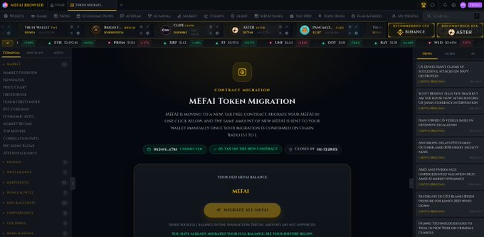 A screenshot of the MEFAI browser interface shows an official "Contract Migration" announcement prompting users to migrate their $MEFAI tokens to a new tax-free contract at a ratio of 1:1 before December 18, 2023, with a prominent yellow "Migrate All MEFAI" button displayed. The image relates to the post by serving as the legitimate source of information warning users that the migration process will occur solely through this official MEFAI website, reminding them to avoid impersonators and never share their seed phrases with anyone offering migration help in DMs.