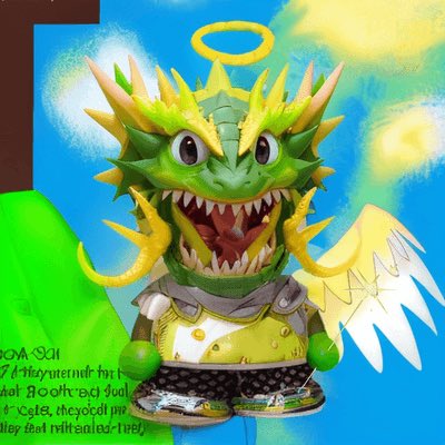 A digital painting of a cute, chibi-style dragon character with green scales, yellow horns, and small wings, wearing armor, set against a blue and green background with partially legible handwritten text.