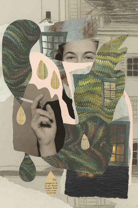 A surreal mixed-media collage artwork featuring a vintage black-and-white photograph of a woman smoking a cigarette, layered with torn paper textures, decorative house illustrations, patterned fabrics, and golden drop shapes, with small French text 'Ne plantez ici ni oeuf ni oeillet...' visible on a torn piece.