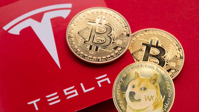 Physical Bitcoin, Dogecoin (with "wow much coin how money so currency" text), and a Tesla logo rest on a red surface, visually linking $DOGE, $BTC, and $TSLA to suggest a potential corporate treasury swap between the cryptocurrencies.