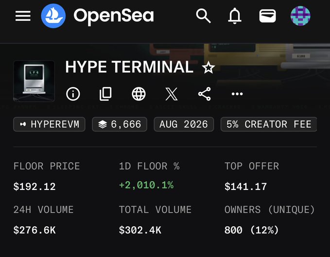 An OpenSea webpage displays a collection titled 'HYPE TERMINAL' with a floor price of $192.12, a 1D floor percentage change of +2,010.1% in green, a 24H volume of $276.6K, a total volume of $302.4K, and 800 unique owners.