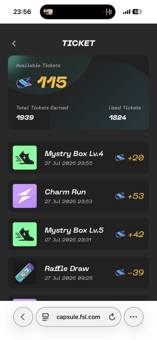 A mobile screenshot of a 'TICKET' page on capsule.fsl.com showing '115 Available Tickets', '1939 Total Tickets Earned', and '1824 Used Tickets', with a list of activities including 'Mystery Box Lv.4', 'Charm Run', and 'Mystery Box Lv.5'.
