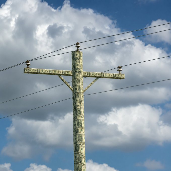 A telephone pole stands against a cloudy sky, its entire surface covered in U.S. dollar bills. The image visually captures the post's message—that the wealth represented by the stock ticker $COP (ConocoPhillips) was "hanging above us," symbolized by the money-draped pole reaching skyward.