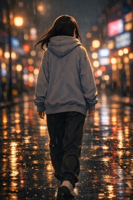 An anime-style illustration of a person with long dark hair walking alone down a rainy, neon-lit city street at night, viewed from behind.