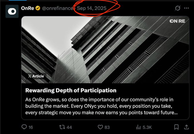 Tweet from OnRe (@onrefinance) dated Sep 14, 2025, titled 'Rewarding Depth of Participation' about community points for holding ONyc, showing 16 replies, 44 reposts, 83 likes, and 5.3K views.