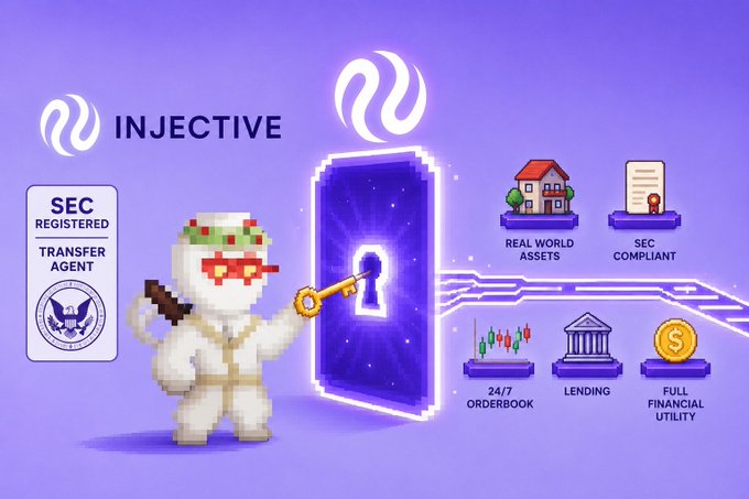 The image features the Injective blockchain logo above a pixelated ninja character holding a key to a glowing portal, flanked by an "SEC Registered Transfer Agent" badge on the left and icons highlighting "Real World Assets," "SEC Compliant," "24/7 Orderbook," "Lending," and "Full Financial Utility" on the right—visually reinforcing the post's message about Injective becoming the first Layer-1 blockchain officially registered as an SEC Transfer Agent, enabling seamless entry for real-world assets into onchain markets.