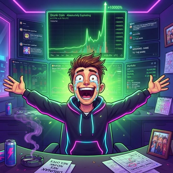 A joyful trader with glowing green tears of joy throws his arms up in celebration as multiple screens behind him display "Drunk Coin - Absolutely Exploding" with a massive "+10000%" spike and rocket-shooting charts, perfectly capturing the euphoric "LEGEND status ACHIEVED" moment of $DRUNKCOIN's hyped launch.