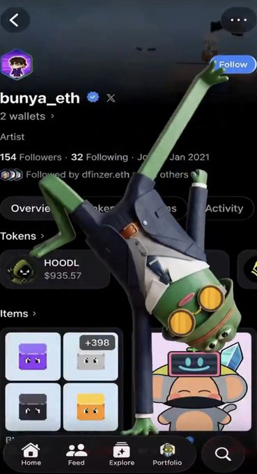 The image shows a screenshot of a social media profile page for "bunya_eth" displaying 154 followers, a token labeled "HOODL" valued at $935.57, and several NFT collectibles, with an upside-down green alien/character in a suit and goggles overlaying the page. This relates to the post as the user is excited about seeing their profile featured on OpenSea TV, highlighting how OpenSea has become their go-to "everything app" for both NFTs and memecoins like the HOODL token shown in their portfolio.