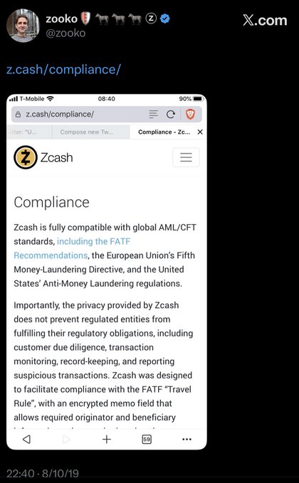 The image shows a tweet from user @zooko (display name "zooko", a known figure in the Zcash community) sharing a screenshot of Zcash's compliance webpage at z.cash/compliance, which states that "Zcash is fully compatible with global AML/CFT standards, including the FATF Recommendations." This relates to the accompanying post's claims by highlighting Zcash's compliance-focused privacy features, which the poster interprets as a negative aspect undermining the principles of private cryptocurrency self-custody.