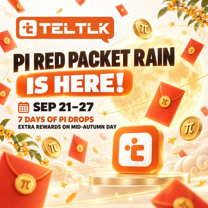 A vibrant promotional graphic from TELTLK announces the "Pi Red Packet Rain" event, scheduled for September 21-27, featuring 7 days of Pi drops and extra rewards on Mid-Autumn Day, with the TELTLK logo prominently displayed alongside festive imagery of red packets, gold Pi coins, and a glowing full moon.
