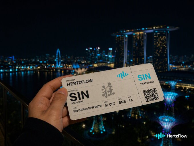 A hand holds up a HertzFlow boarding pass to Singapore (SIN) for the BNB Chain SG Super Meetup on 07 OCT, with the Singapore skyline featuring Marina Bay Sands and the Supertree Grove lit up at night in the background—visually tying the post's theme of traveling to Singapore for an epic connection.