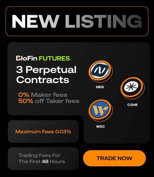 The image shows a poster for trading services, specifically focusing on three types of contracts - NIS, COHR, and WDC. The poster displays these contract options along with their respective fees, providing details about each type of currency exchange service. The text in the image emphasizes that there is a new listing available for these contracts, indicating that it's an updated or newly launched offering from the trading platform.