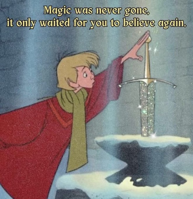 An animated image of a blonde character in a red cloak and green scarf drawing the Sword in the Stone from an icy pedestal, with text reading: "Magic was never gone, it only waited for you to believe again."