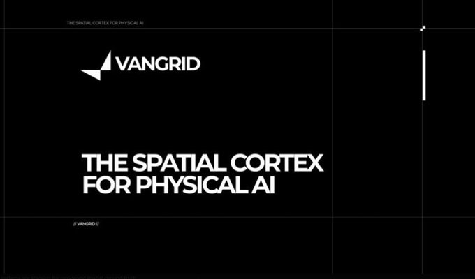 A minimalist black screen displaying the logo 'VANGRID' and the text 'THE SPATIAL CORTEX FOR PHYSICAL AI'.