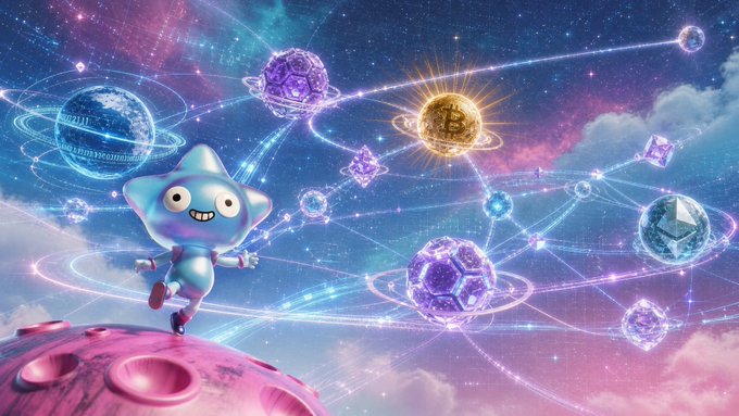 A vibrant digital artwork featuring a blue cartoon star character running across planets in a cosmic scene, with various cryptocurrency-themed orbs connected by energy lines, including Bitcoin and Ethereum symbols.
