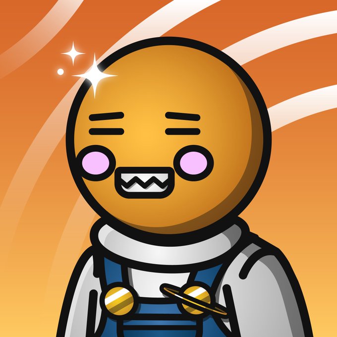 A cartoon astronaut character with an orange smiley face, pink glowing eyes, and a star sparkle on its head, wearing a white and blue spacesuit with gold buttons, set against a swirling orange background. The image evokes the warm, sunny vibes mentioned in the post about a "hot summer day," with its vibrant orange tones complementing the SpaceRidersXYZ pickup celebration.