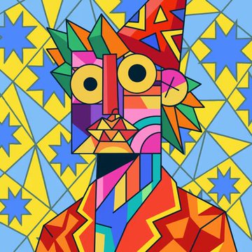 Vibrant cubist-style portrait of a face with wild spiky hair, geometric features, and a colorful star-patterned background.