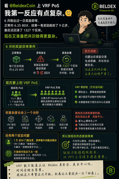 An infographic by Beldex discussing VRF PoS, addressing a previous reward anomaly involving 9 billion BDX, and outlining proposals to increase consensus complexity.