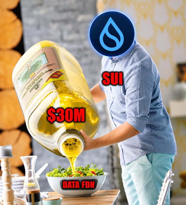 A meme-style image shows a person pouring a massive jug of yellow oil labeled '$30M' into a bowl labeled 'DATA FDN', with the person's face replaced by a blue Sui (SUI) cryptocurrency logo.