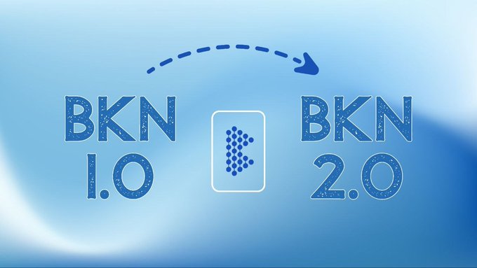 The image shows a blue gradient graphic with "BKN 1.0" transitioning to "BKN 2.0," connected by a dashed arrow and the THENA logo, visually representing the migration from the original to the upgraded version referenced in the post.