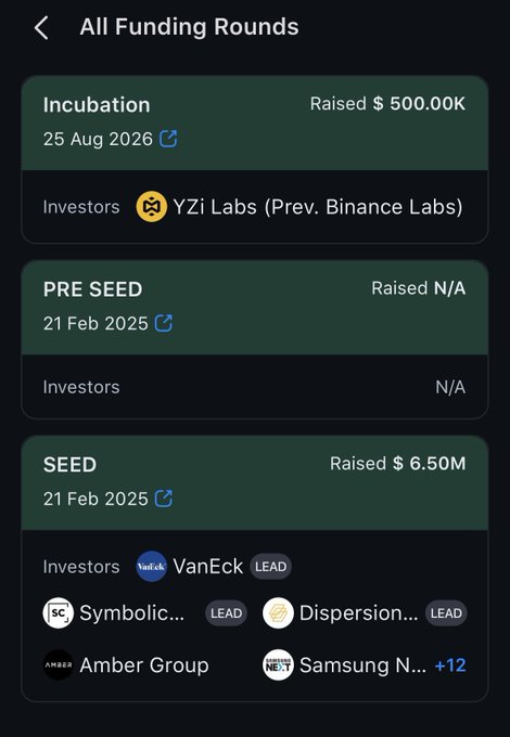 A dark-themed funding app screen titled “All Funding Rounds” lists “Incubation” raised “$500.00K” with “YZi Labs (Prev. Binance Labs),” “PRE SEED” raised “N/A,” and “SEED” raised “$6.50M,” including investors such as “VanEck,” “Amber Group,” “Samsung N...” and others.